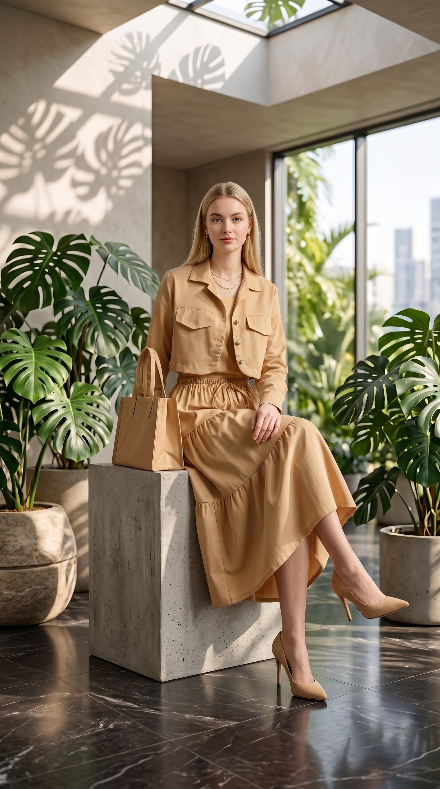 Women’s Beige 3 Piece Co-Ord Set Crop Top, Shirt & Midi Skirt | Elegant Formal Outfit