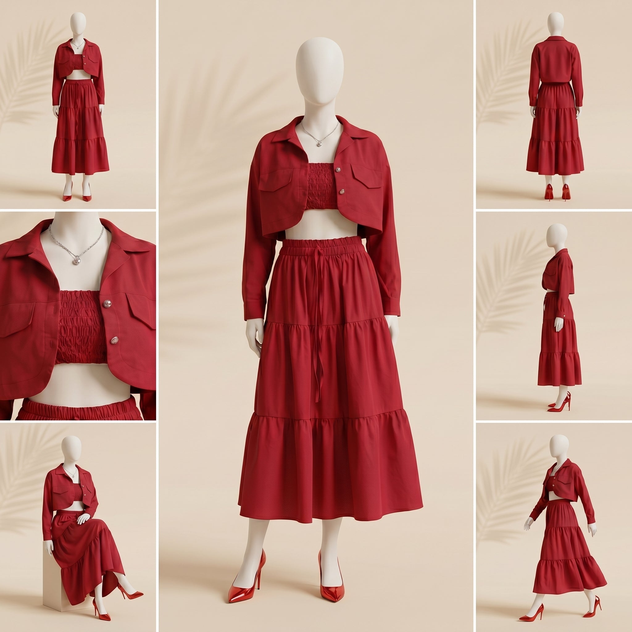 Women’s Red 3 Piece Co-ord Set Crop Top Shirt & Midi Skirt Elegant Casual Outfit