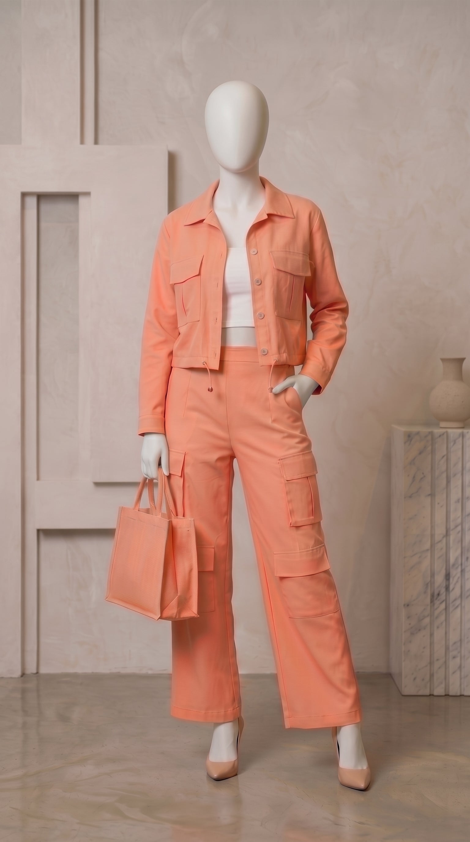 Peach 3 Piece Co-Ord Set Crop Top, Shirt & Cargo Style Pants | Trendy Casual Outfit