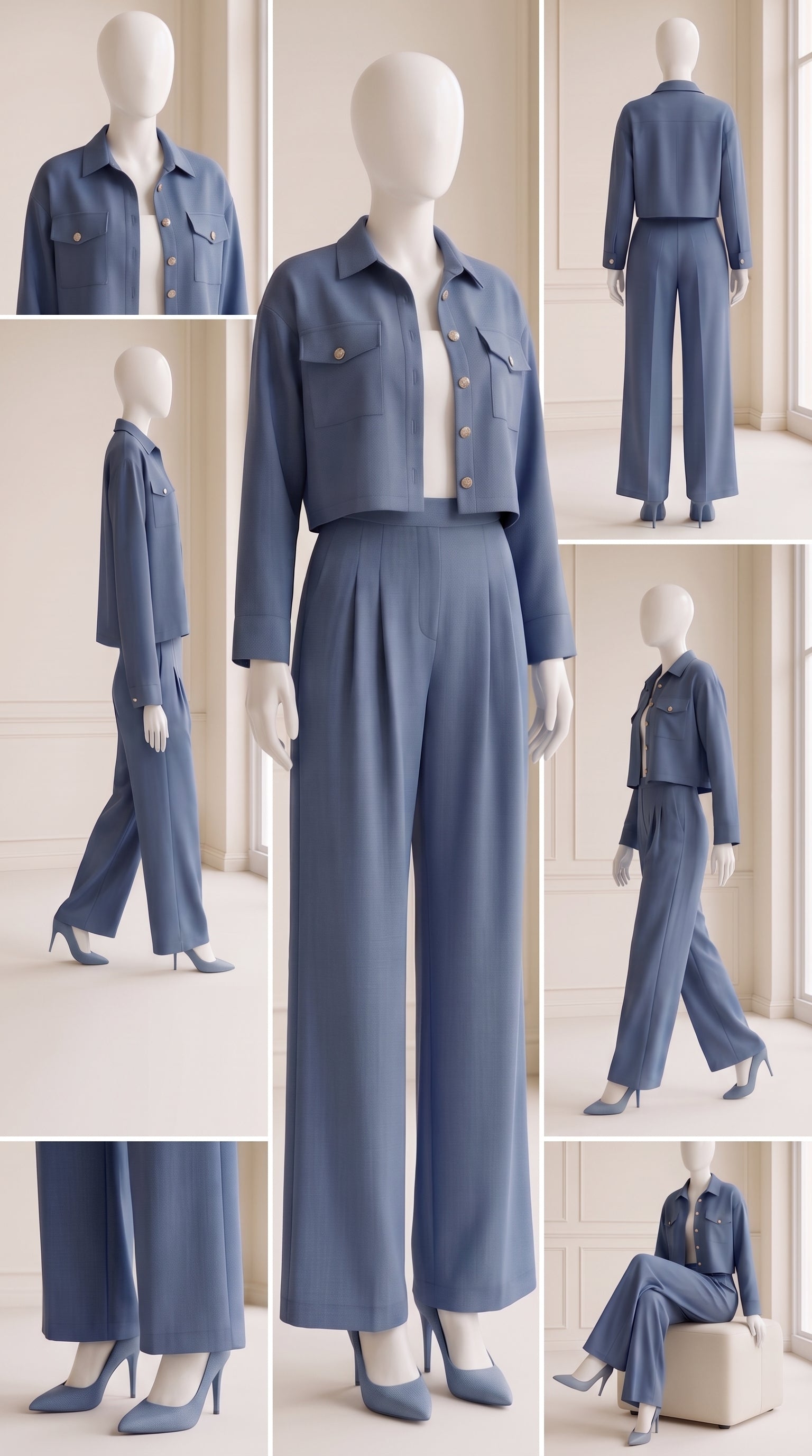 Blue 3 Piece Co-Ord Set Crop Top, Shirt & Wide Leg Pants | Elegant Casual Outfit