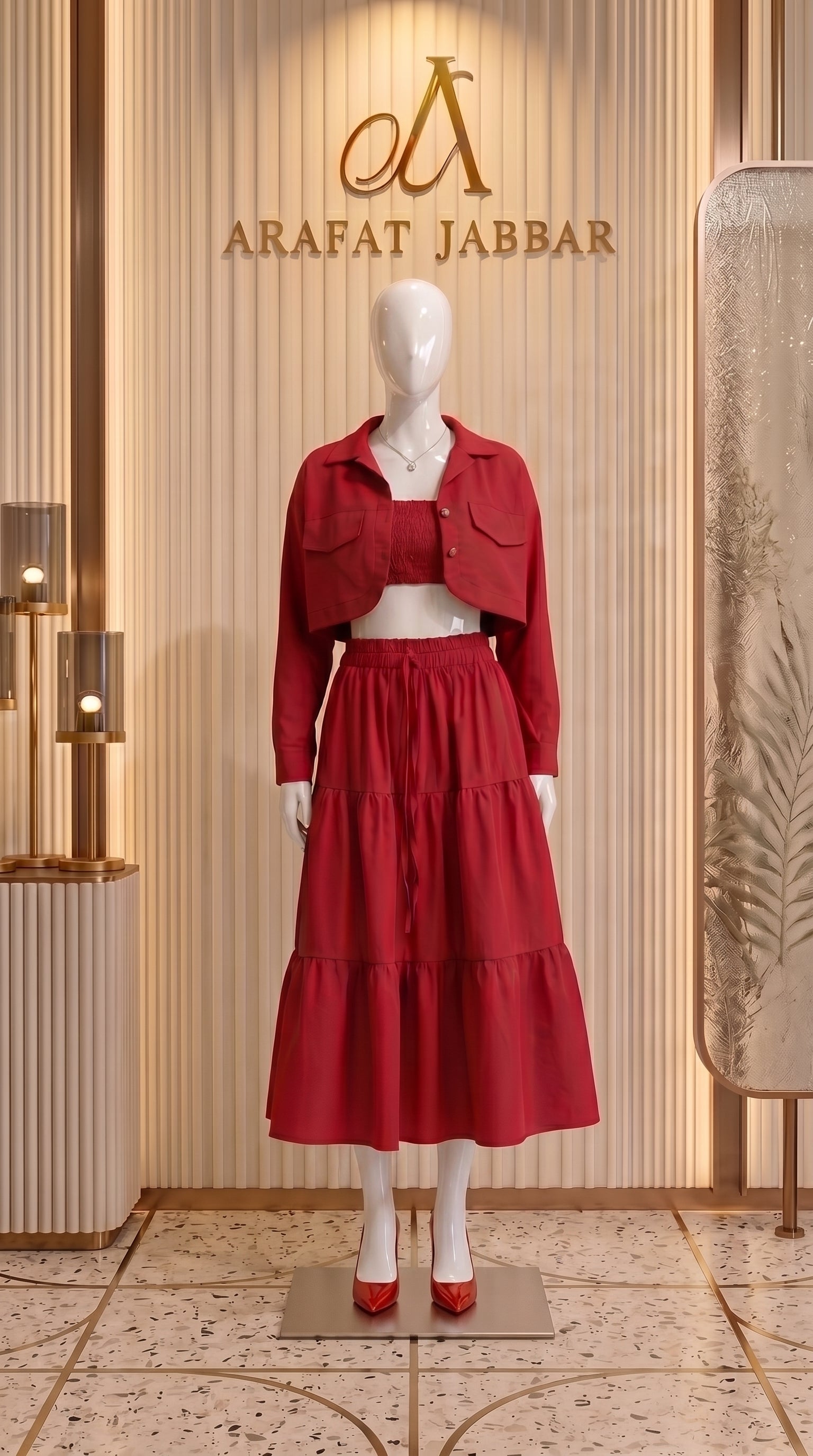 Red 3 Piece Co-ord Set Crop Top Shirt & Midi Skirt Elegant Casual Outfit