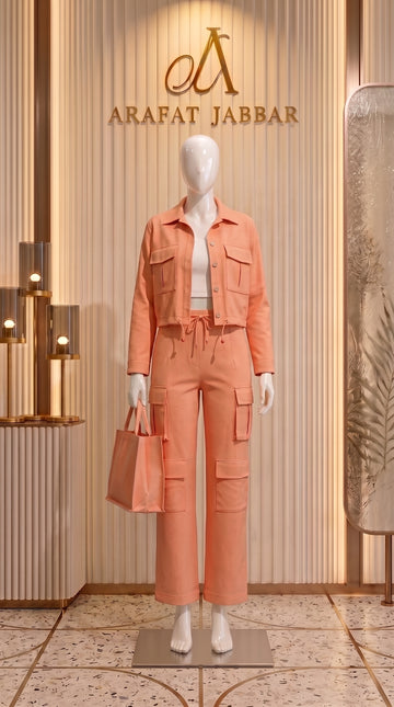 Peach 3 Piece Co-Ord Set Crop Top, Shirt & Cargo Style Pants | Trendy Casual Outfit