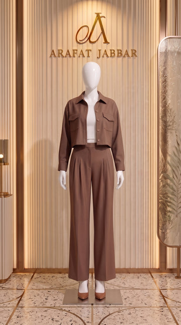 Dark Brown 3 Piece Co-Ord Set Crop Top, Shirt & Wide Leg Pants | Elegant Casual Outfit
