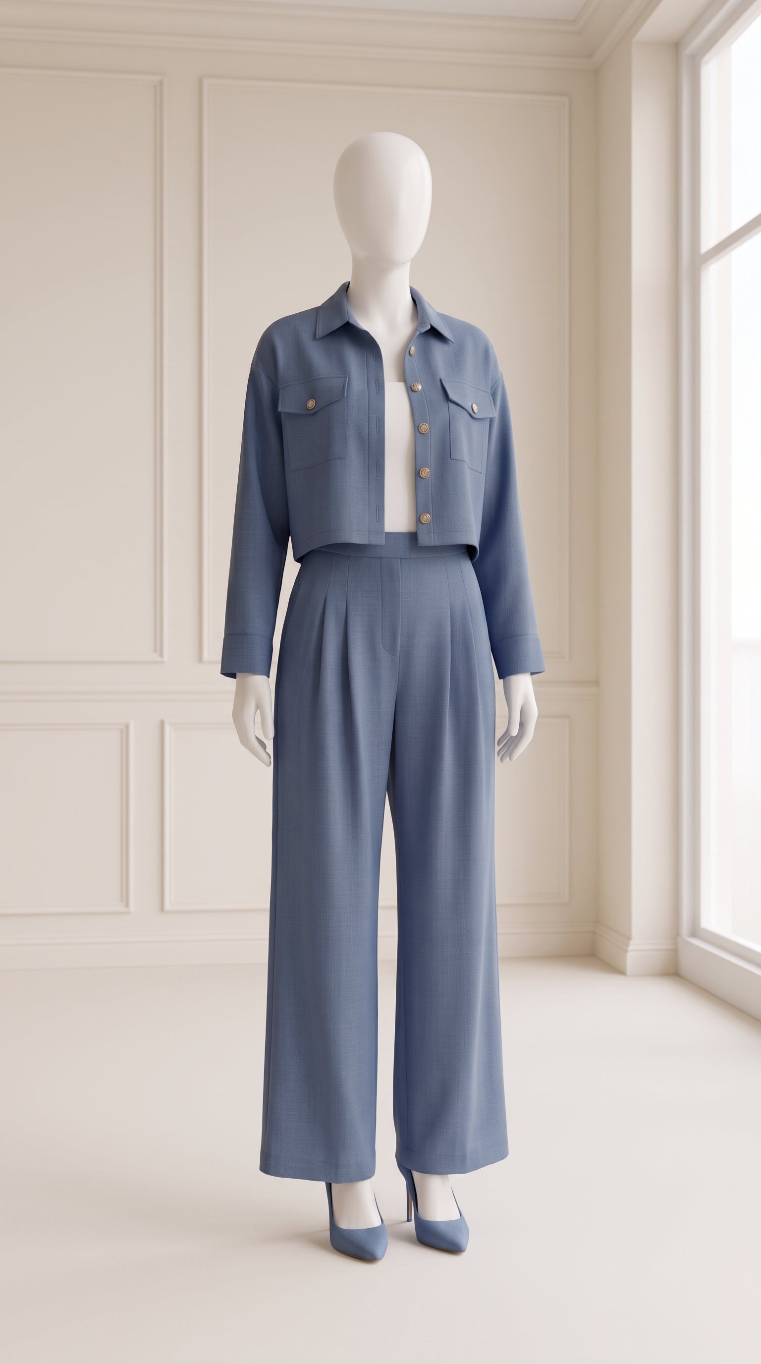 Blue 3 Piece Co-Ord Set Crop Top, Shirt & Wide Leg Pants | Elegant Casual Outfit