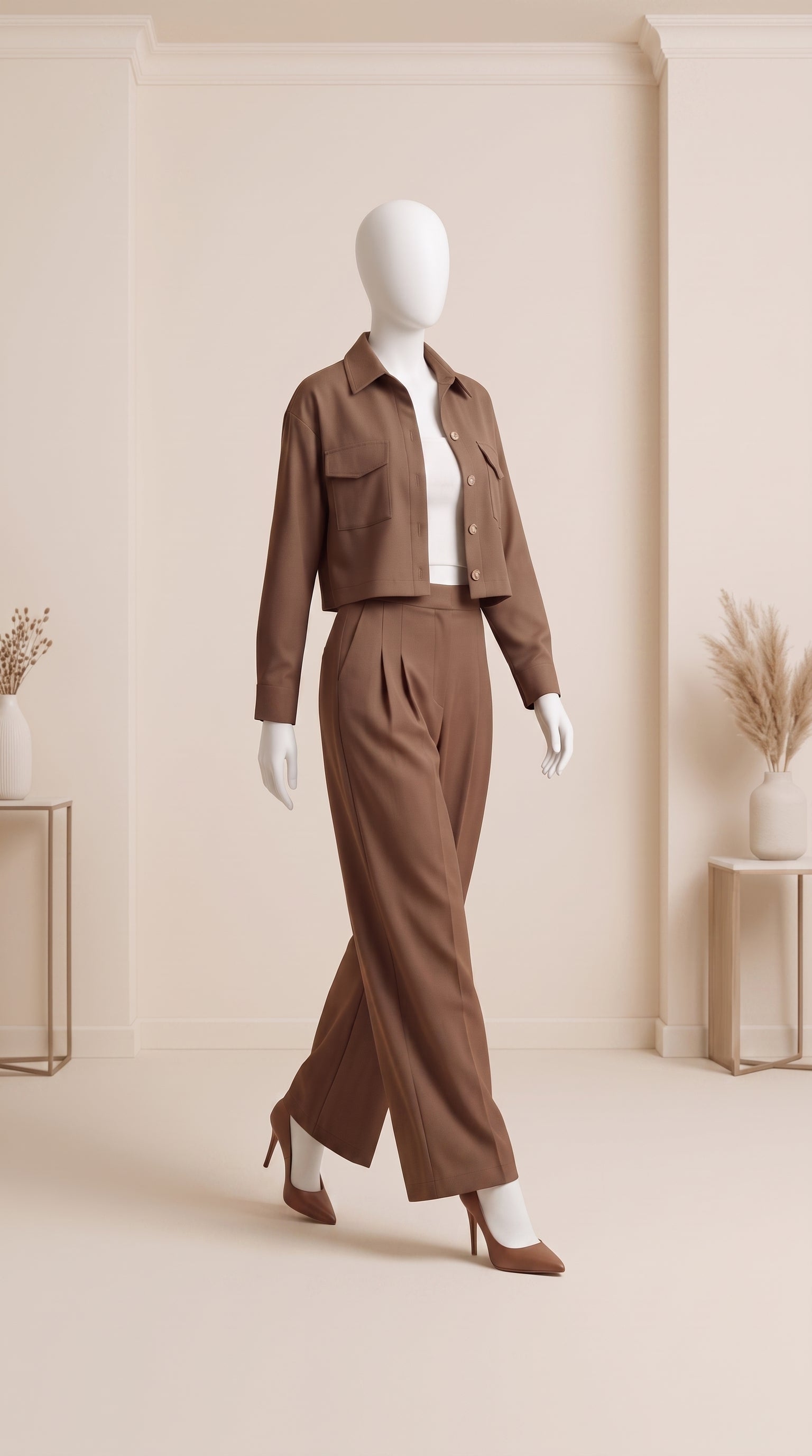 Dark Brown 3 Piece Co-Ord Set Crop Top, Shirt & Wide Leg Pants | Elegant Casual Outfit