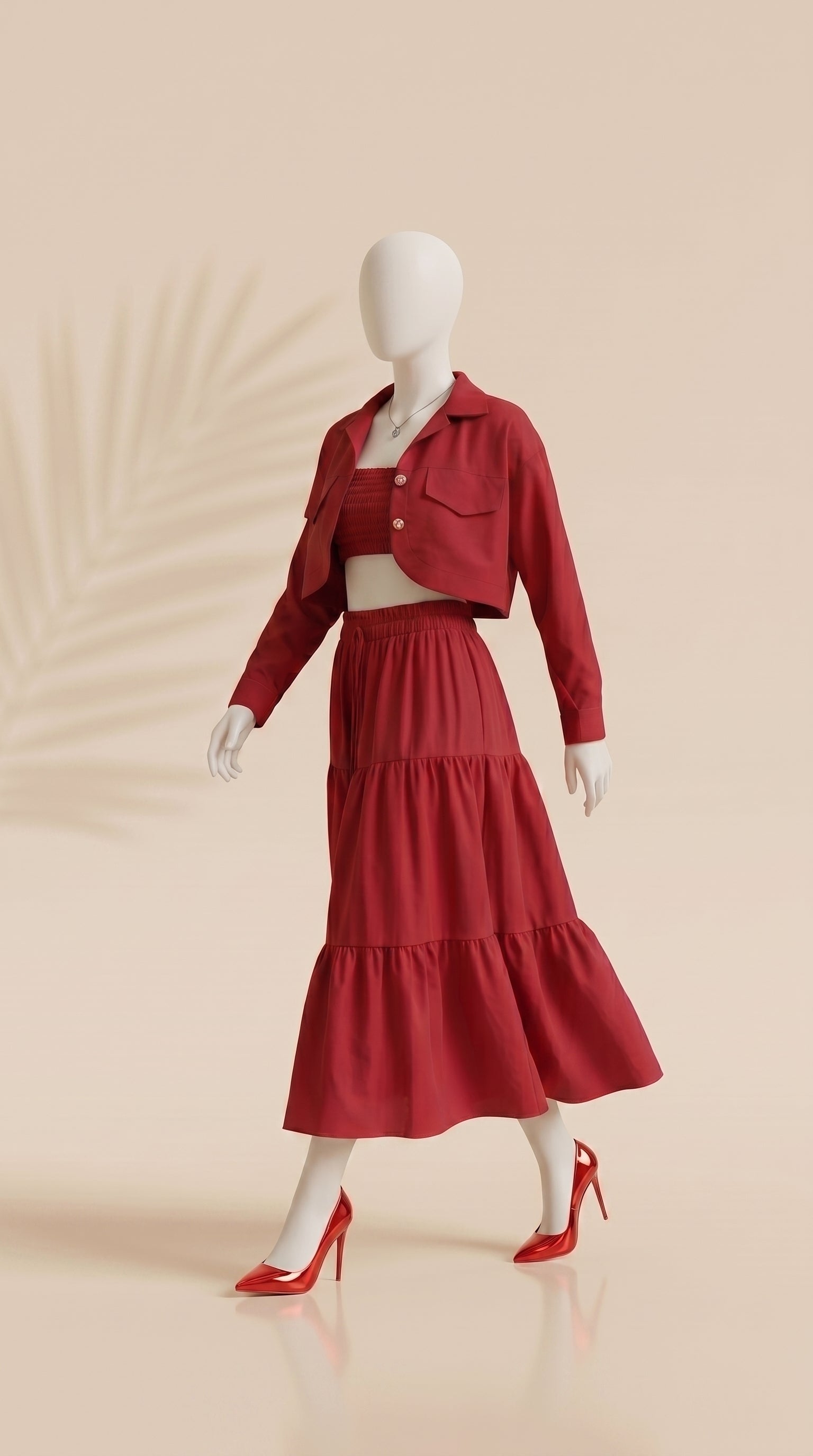 Red 3 Piece Co-ord Set Crop Top Shirt & Midi Skirt Elegant Casual Outfit