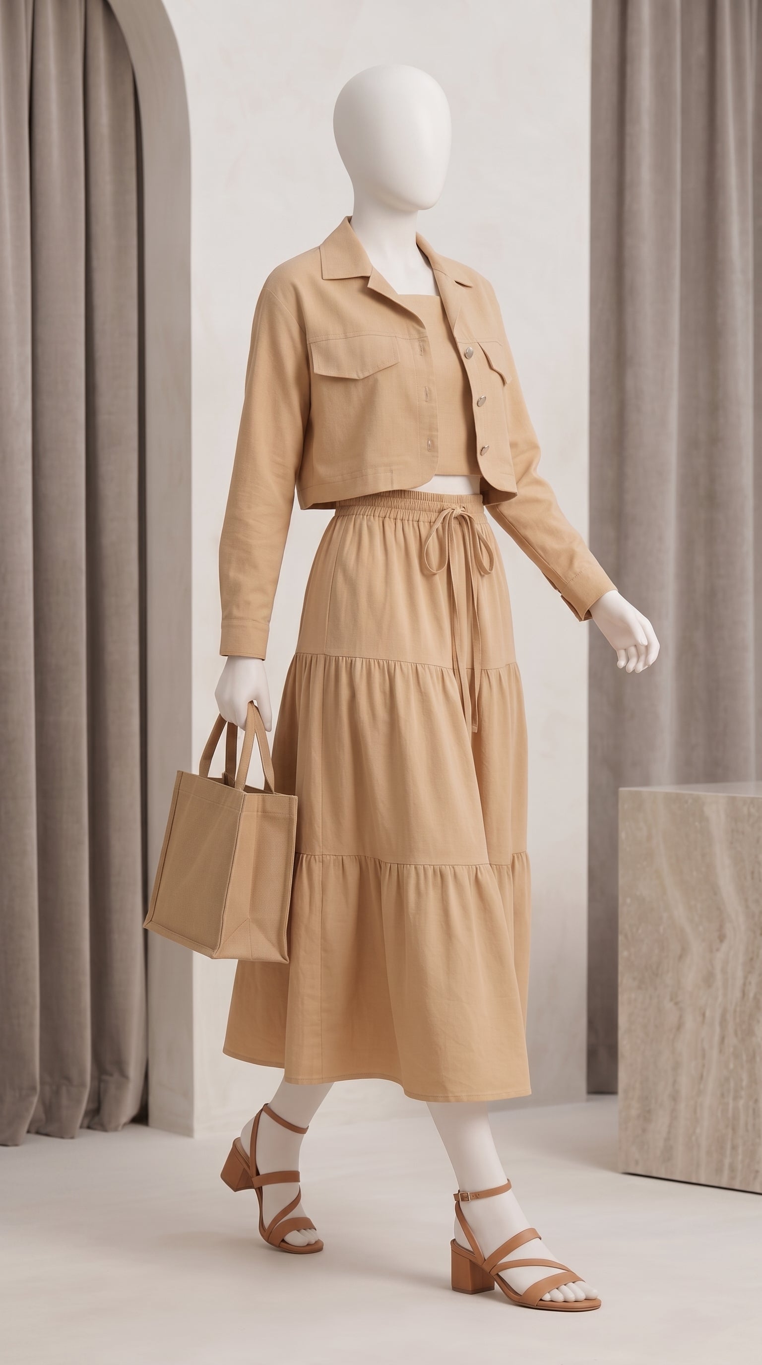 Beige 3 Piece Co-Ord Set Crop Top, Shirt & Midi Skirt | Elegant Formal Outfit