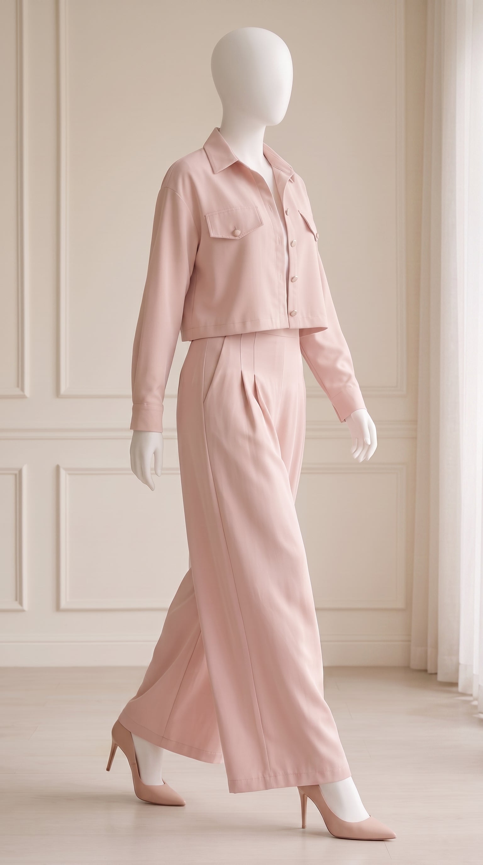 Light Pink 3 Piece Co-Ord Set Crop Top, Shirt & Wide Leg Pants | Elegant Casual Outfit