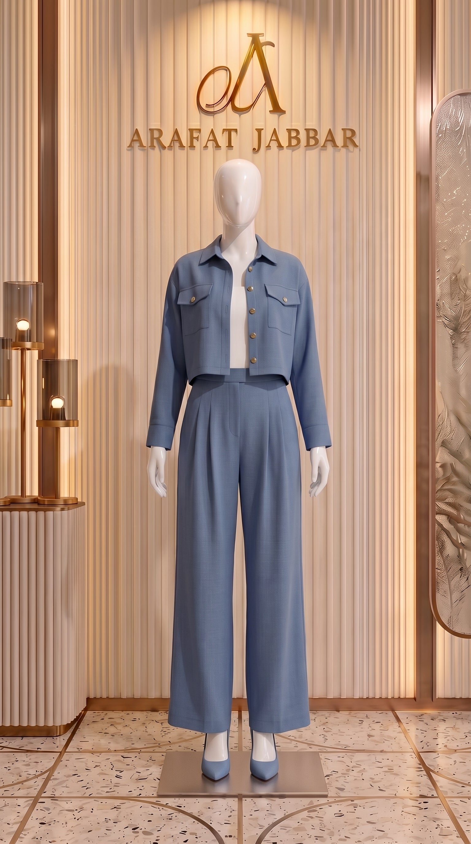 Blue 3 Piece Co-Ord Set Crop Top, Shirt & Wide Leg Pants | Elegant Casual Outfit