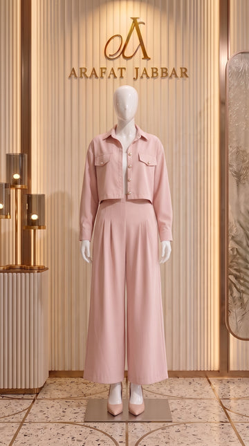 Light Pink 3 Piece Co-Ord Set Crop Top, Shirt & Wide Leg Pants | Elegant Casual Outfit