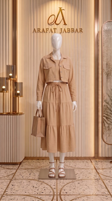 Beige 3 Piece Co-Ord Set Crop Top, Shirt & Midi Skirt | Elegant Formal Outfit