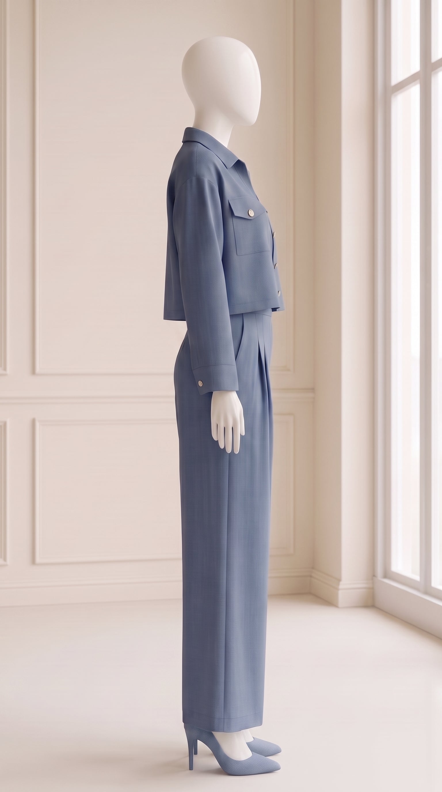 Blue 3 Piece Co-Ord Set Crop Top, Shirt & Wide Leg Pants | Elegant Casual Outfit