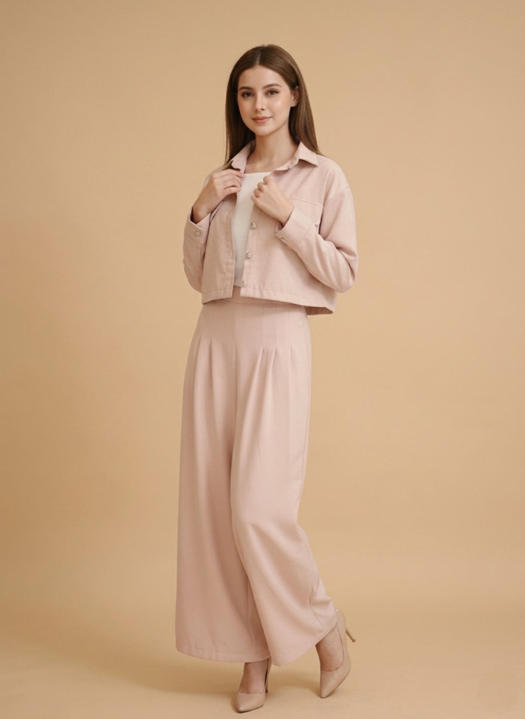 Women’s Light Pink 3 Piece Co-Ord Set Crop Top, Shirt & Wide Leg Pants | Elegant Casual Outfit