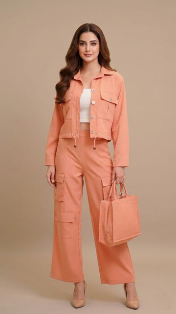 Women’s Peach 3 Piece Co-Ord Set Crop Top, Shirt & Cargo Style Pants | Trendy Casual Outfit
