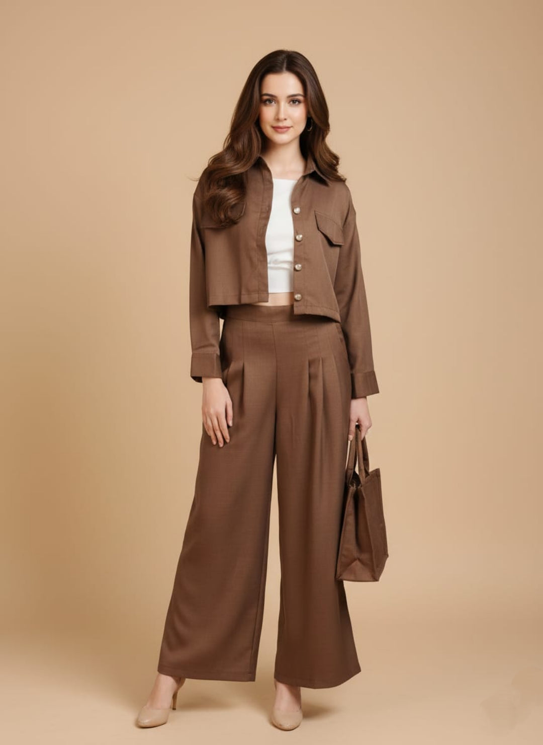 Women’s Dark Brown 3 Piece Co-Ord Set Crop Top, Shirt & Wide Leg Pants | Elegant Casual Outfit