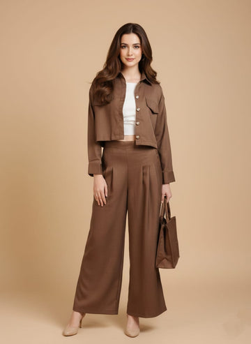 Women’s Dark Brown 3 Piece Co-Ord Set Crop Top, Shirt & Wide Leg Pants | Elegant Casual Outfit