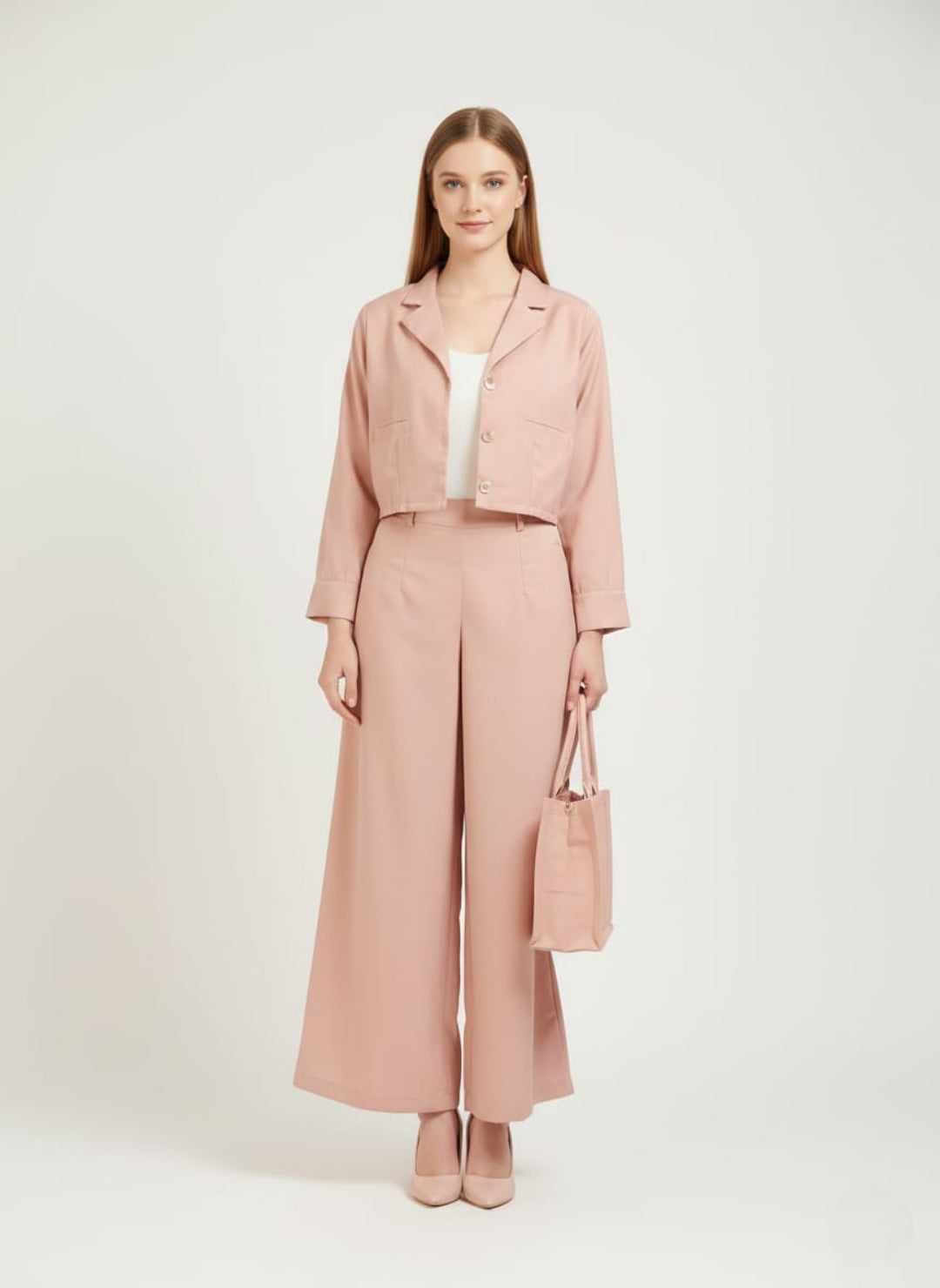 Women’s Soft Peach Pink 3 Piece Co-Ord Set Crop Top, Blazer & Wide Leg Pants | Elegant Formal Outfit