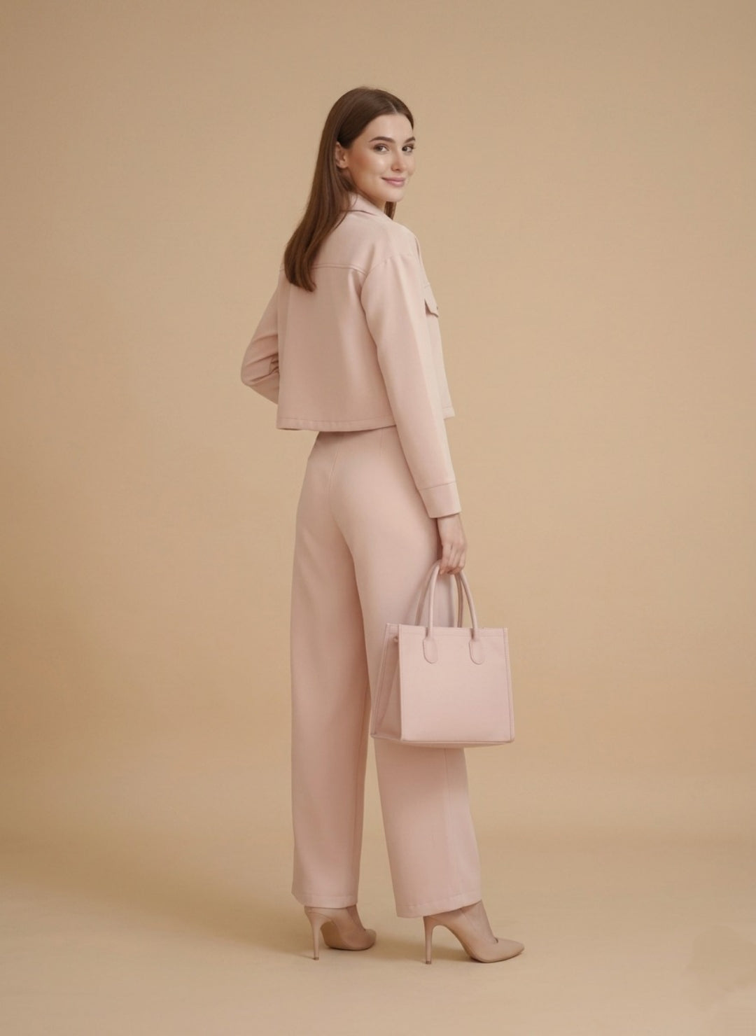 Women’s Light Pink 3 Piece Co-Ord Set Crop Top, Shirt & Wide Leg Pants | Elegant Casual Outfit
