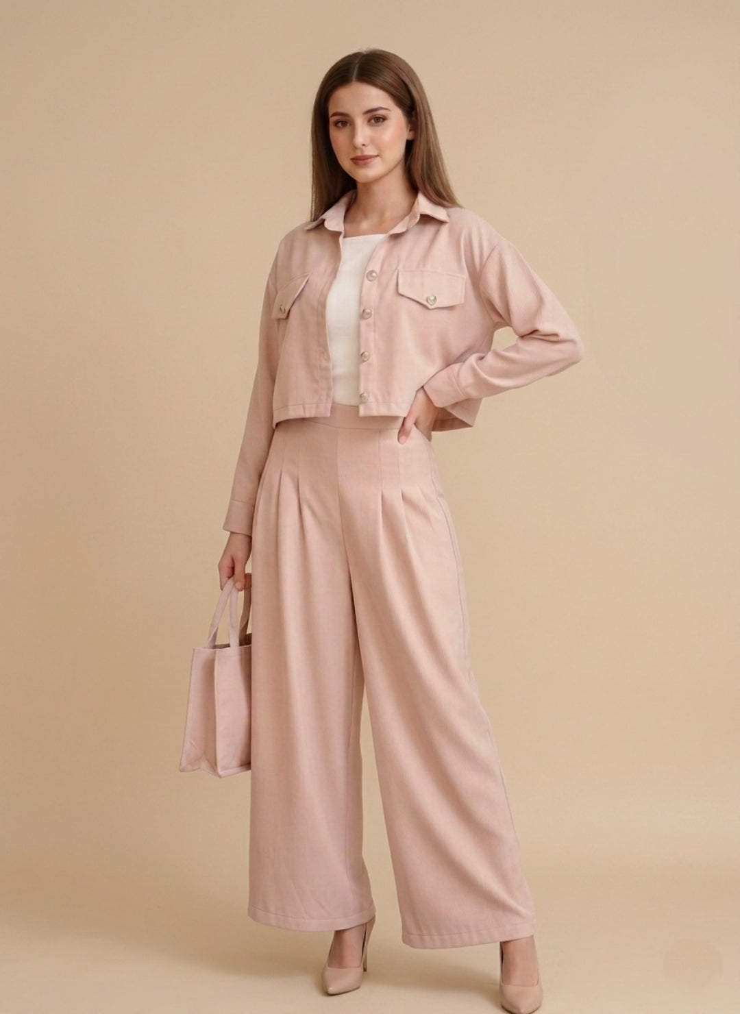 Women’s Light Pink 3 Piece Co-Ord Set Crop Top, Shirt & Wide Leg Pants | Elegant Casual Outfit