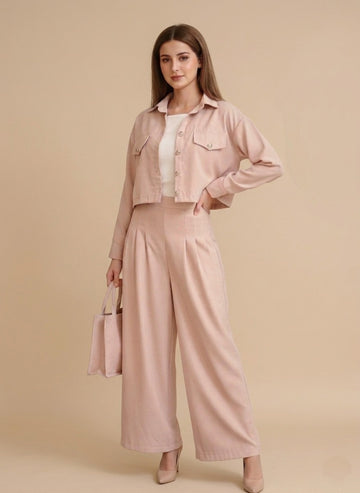Women’s Light Pink 3 Piece Co-Ord Set Crop Top, Shirt & Wide Leg Pants | Elegant Casual Outfit