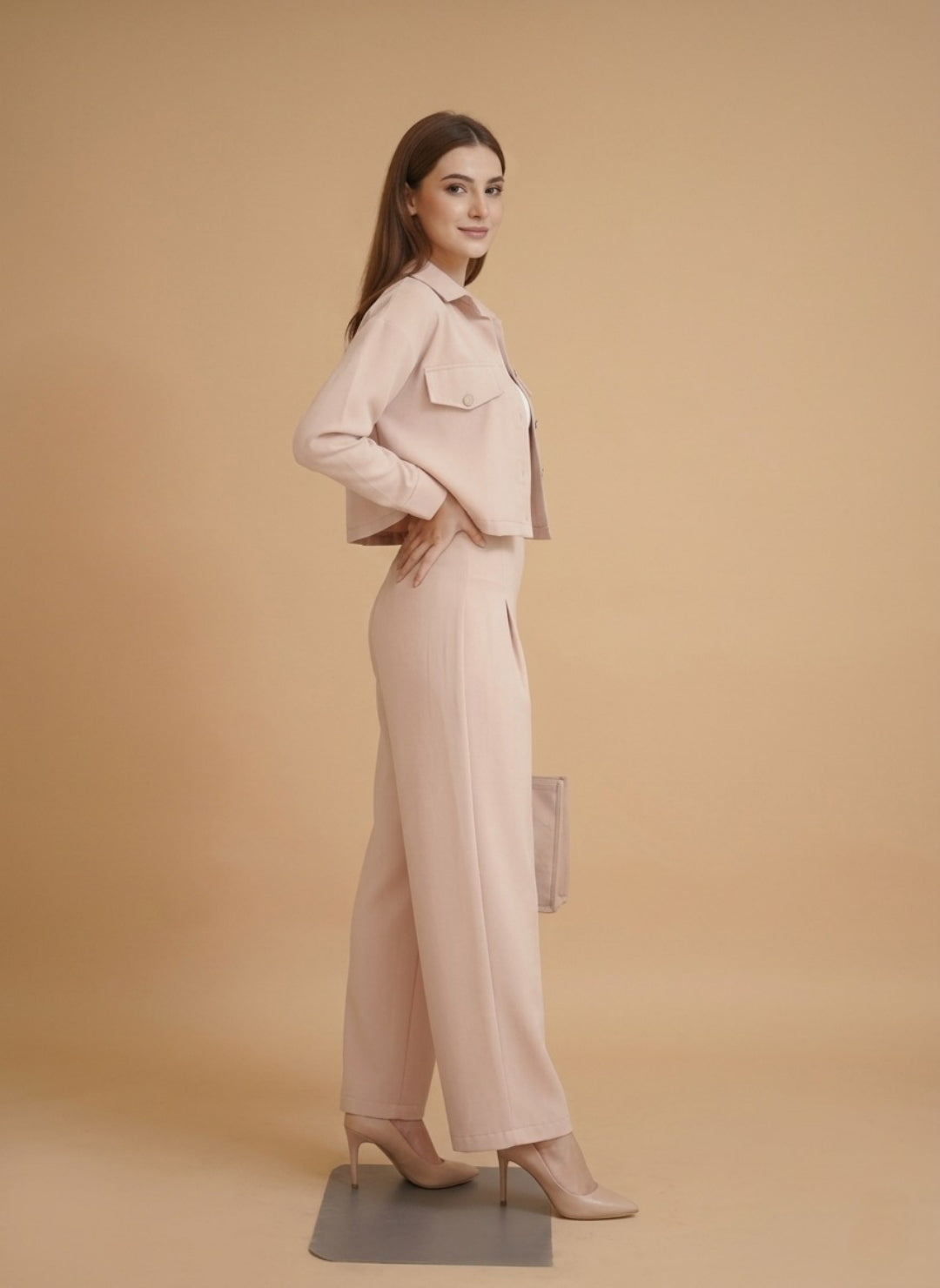 Women’s Light Pink 3 Piece Co-Ord Set Crop Top, Shirt & Wide Leg Pants | Elegant Casual Outfit