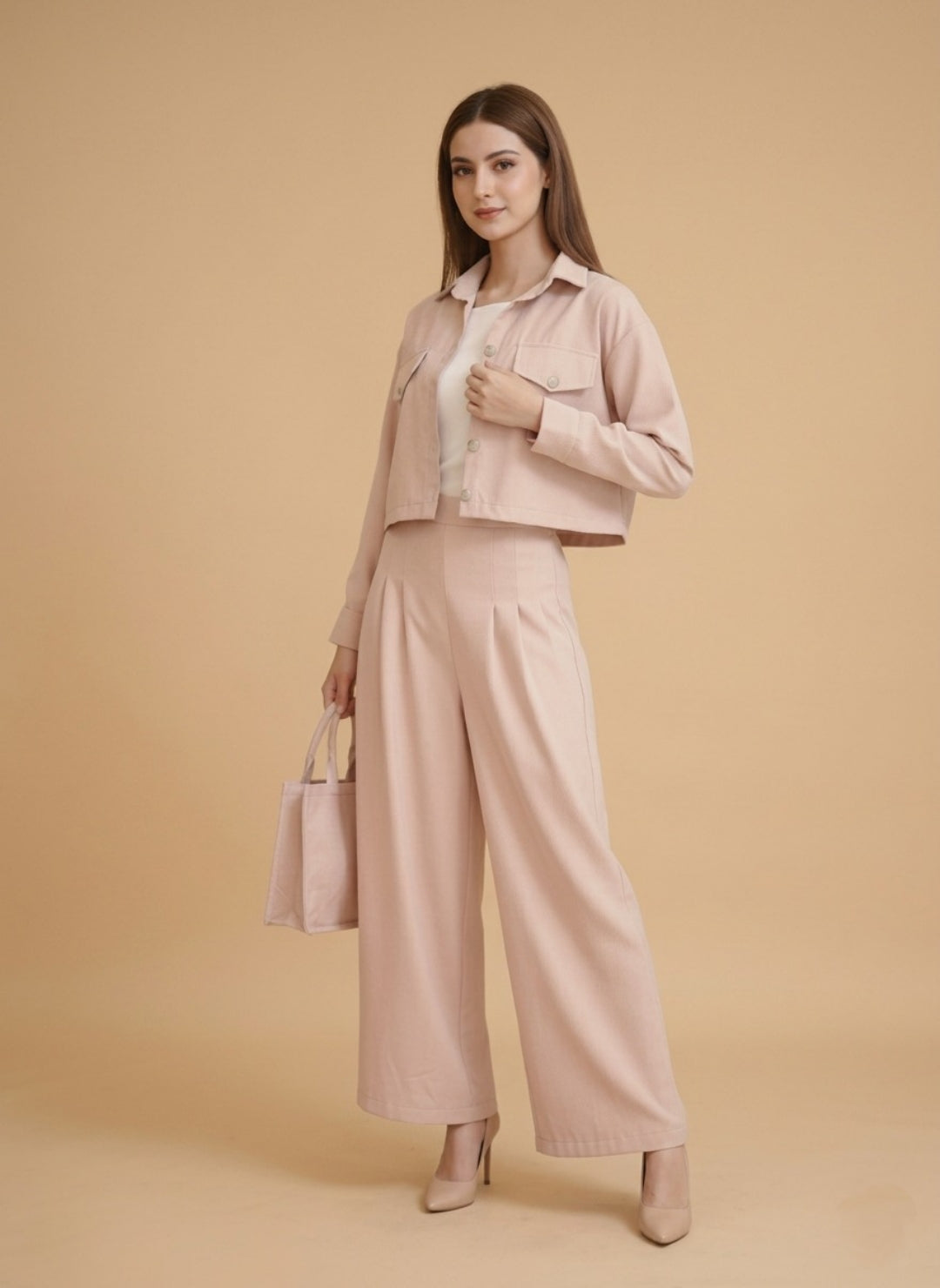 Women’s Light Pink 3 Piece Co-Ord Set Crop Top, Shirt & Wide Leg Pants | Elegant Casual Outfit