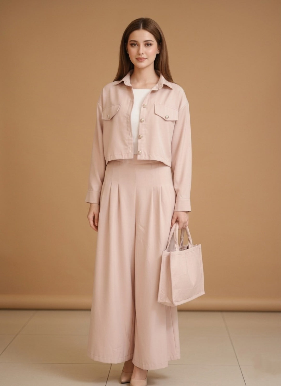 Women’s Light Pink 3 Piece Co-Ord Set Crop Top, Shirt & Wide Leg Pants | Elegant Casual Outfit
