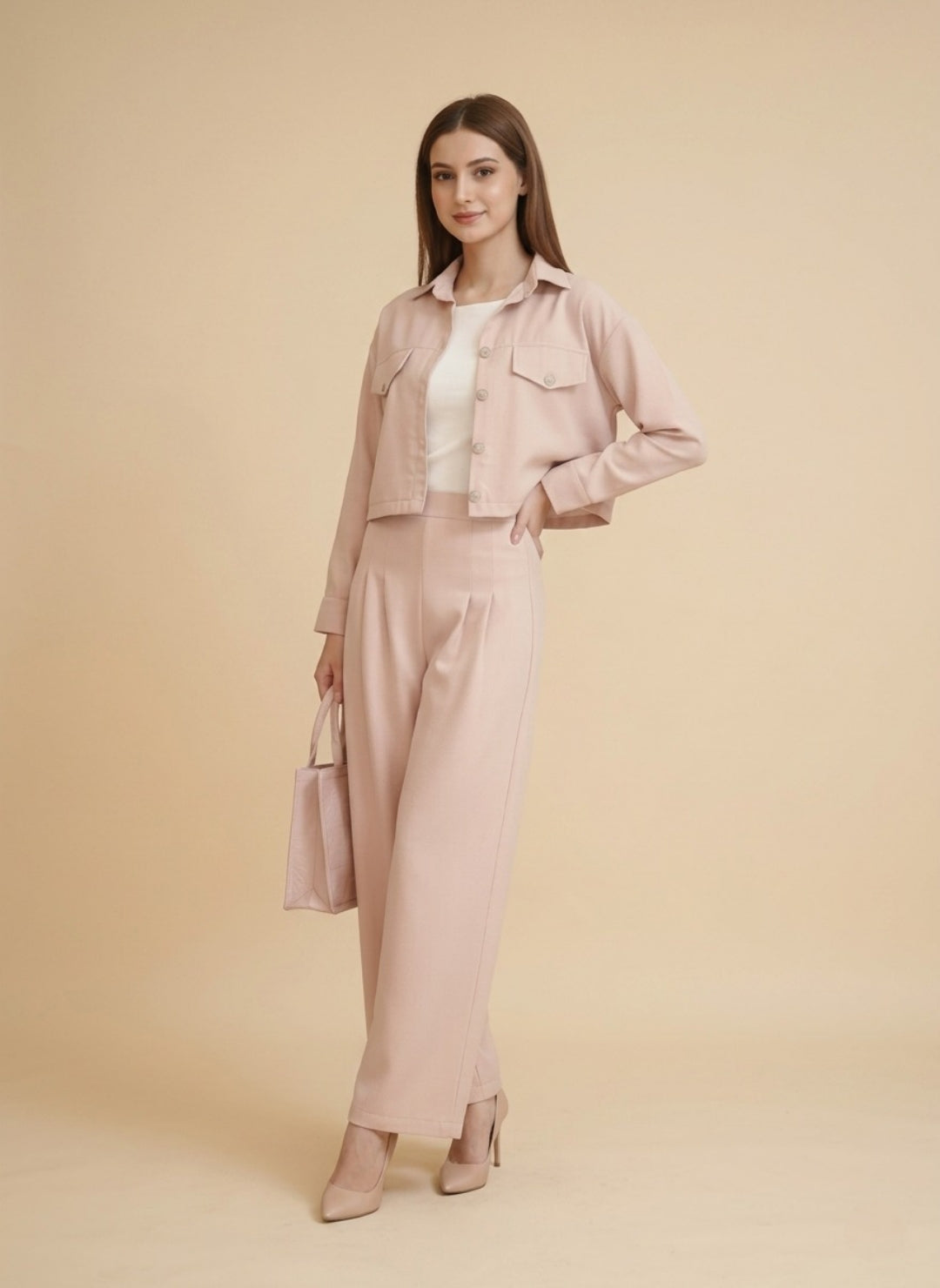 Women’s Light Pink 3 Piece Co-Ord Set Crop Top, Shirt & Wide Leg Pants | Elegant Casual Outfit
