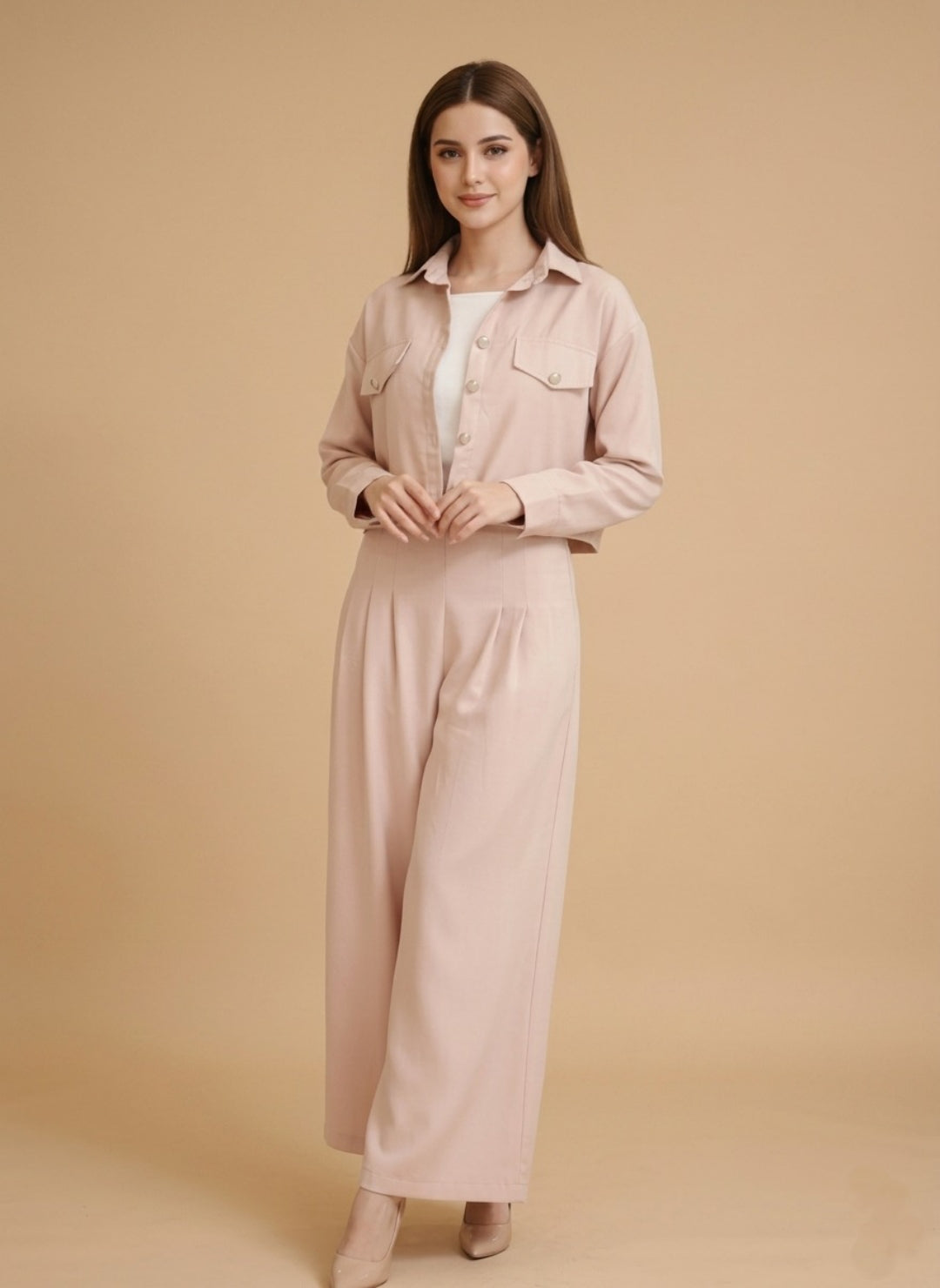 Women’s Light Pink 3 Piece Co-Ord Set Crop Top, Shirt & Wide Leg Pants | Elegant Casual Outfit