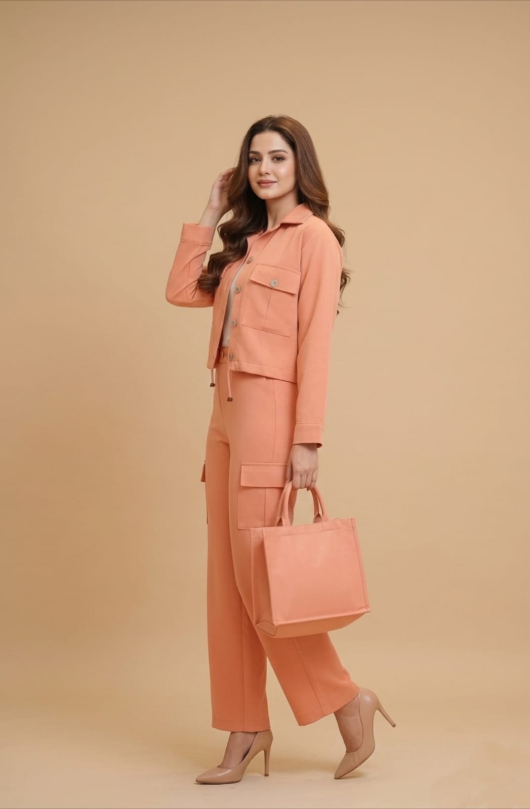 Women’s Peach 3 Piece Co-Ord Set Crop Top, Shirt & Cargo Style Pants | Trendy Casual Outfit