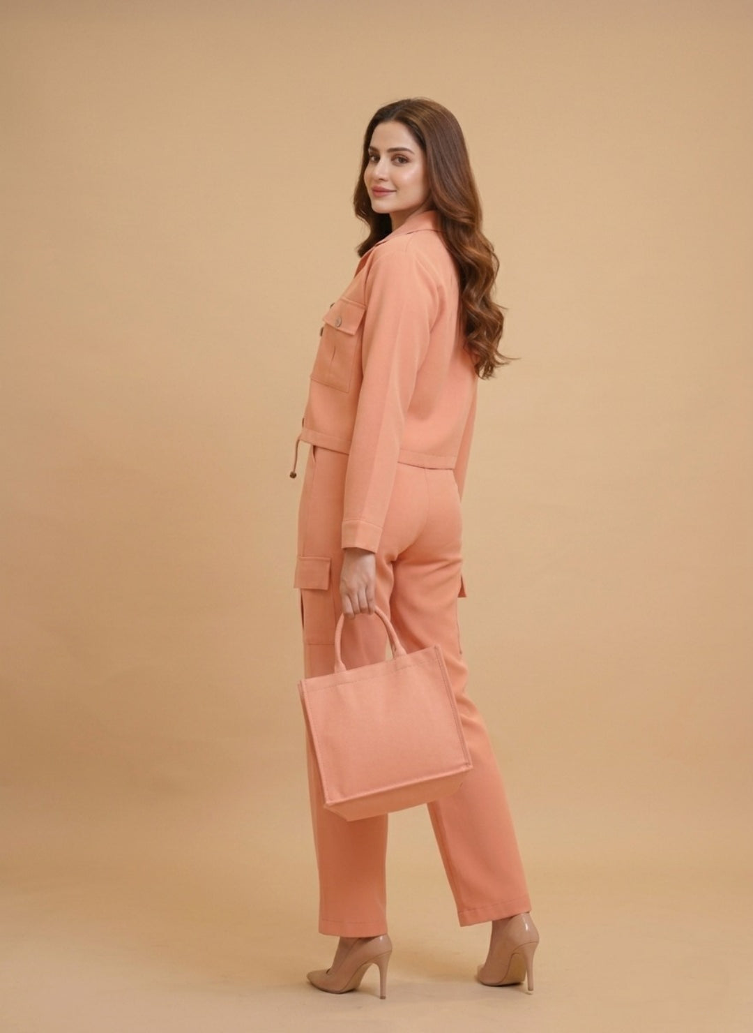 Women’s Peach 3 Piece Co-Ord Set Crop Top, Shirt & Cargo Style Pants | Trendy Casual Outfit