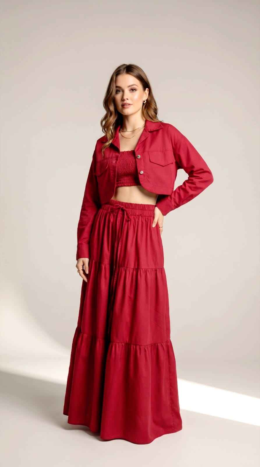 Women’s Red 3 Piece Co-ord Set Crop Top Shirt & Midi Skirt Elegant Casual Outfit