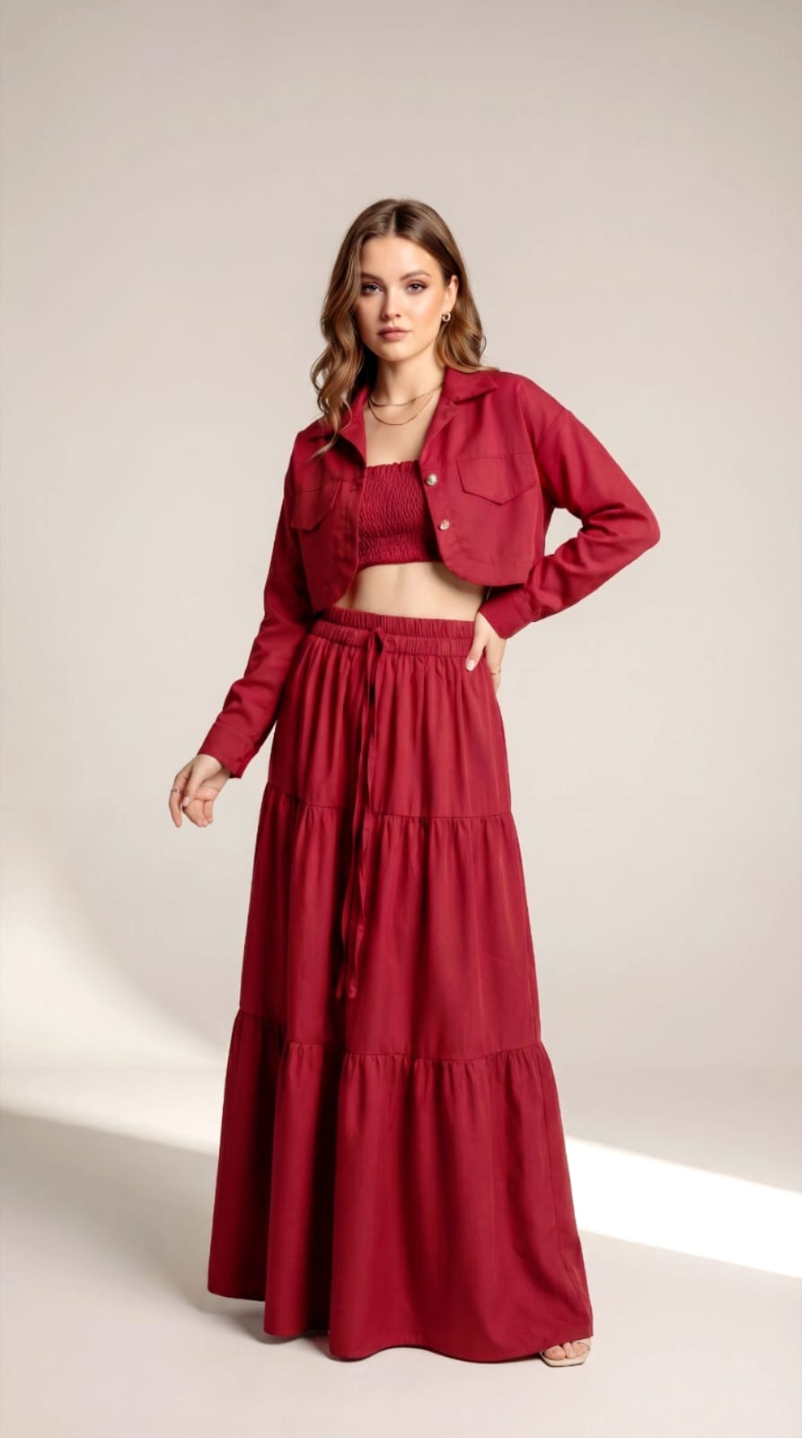 Women’s Red 3 Piece Co-ord Set Crop Top Shirt & Midi Skirt Elegant Casual Outfit