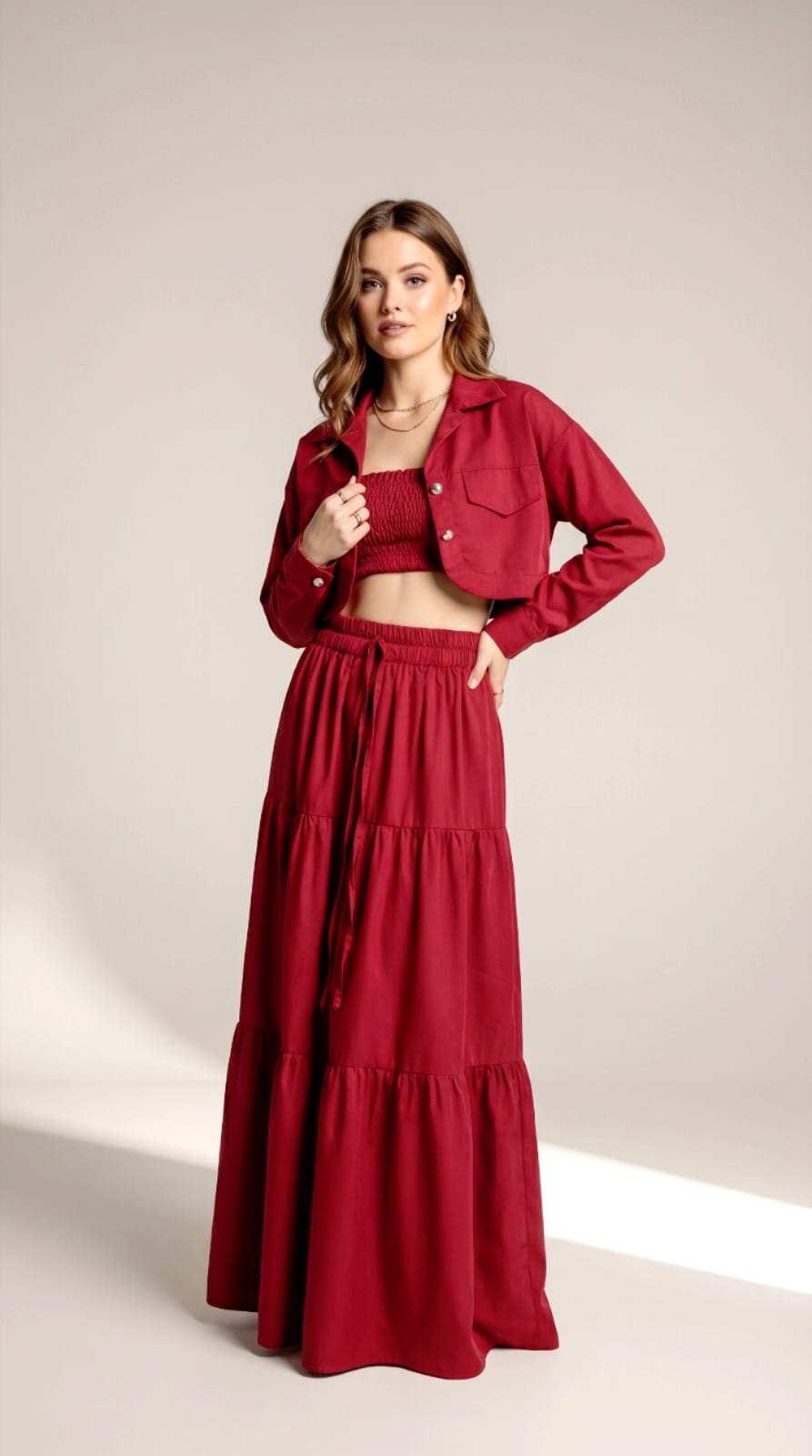 Women’s Red 3 Piece Co-ord Set Crop Top Shirt & Midi Skirt Elegant Casual Outfit