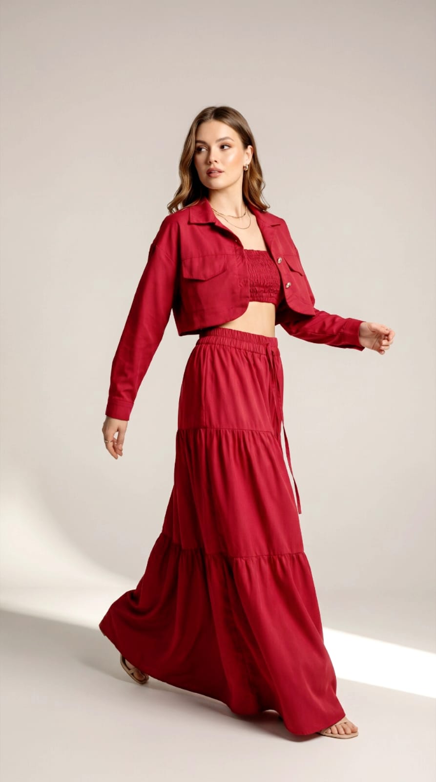 Women’s Red 3 Piece Co-ord Set Crop Top Shirt & Midi Skirt Elegant Casual Outfit