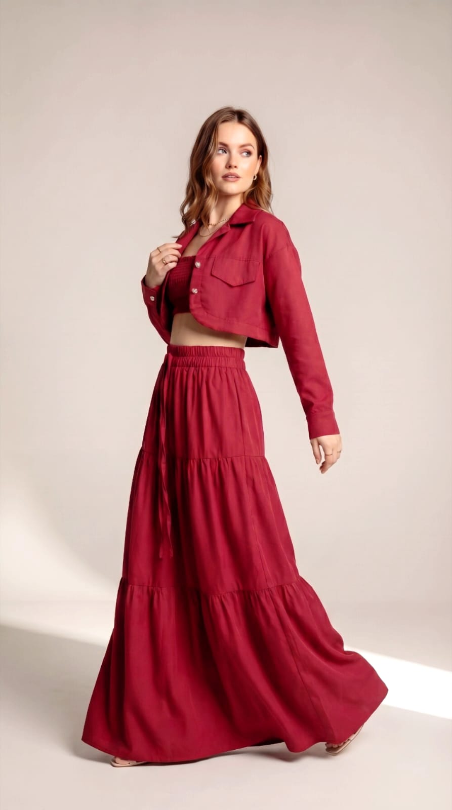 Women’s Red 3 Piece Co-ord Set Crop Top Shirt & Midi Skirt Elegant Casual Outfit