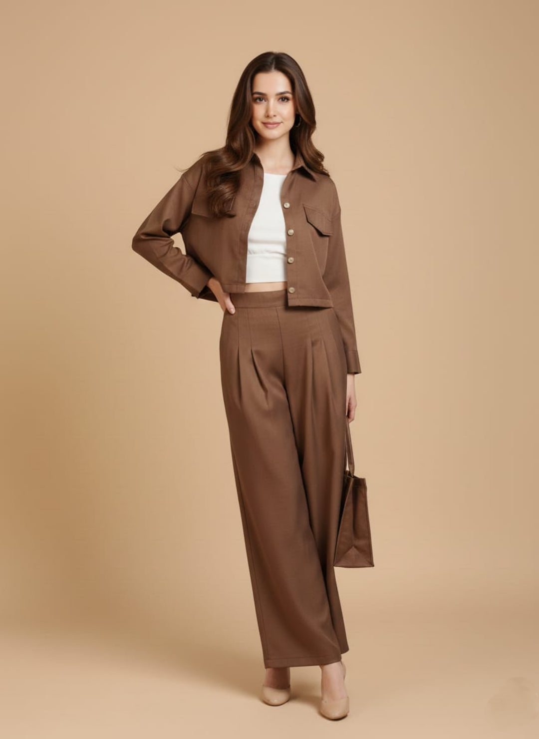 Women’s Dark Brown 3 Piece Co-Ord Set Crop Top, Shirt & Wide Leg Pants | Elegant Casual Outfit