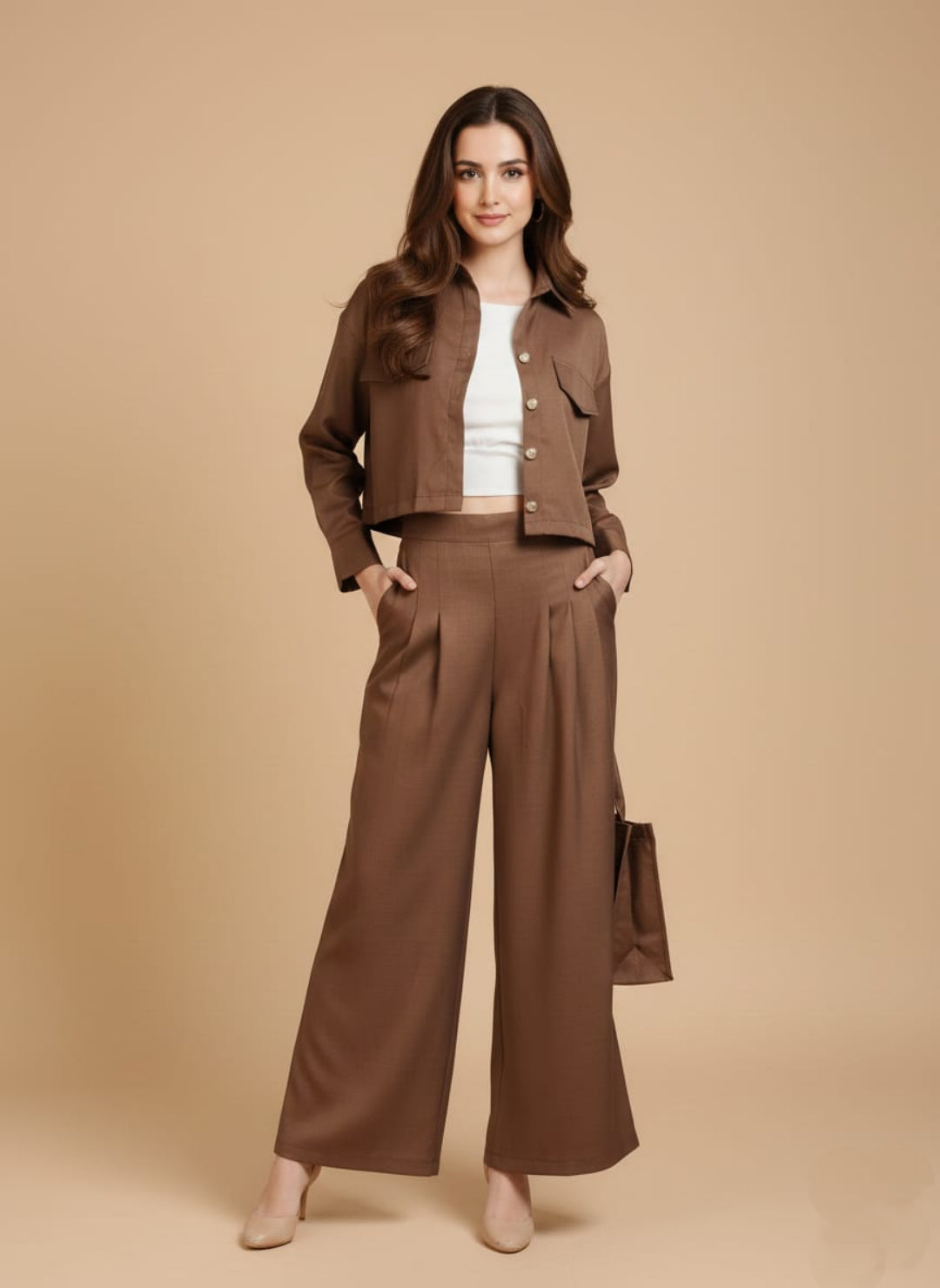 Women’s Dark Brown 3 Piece Co-Ord Set Crop Top, Shirt & Wide Leg Pants | Elegant Casual Outfit