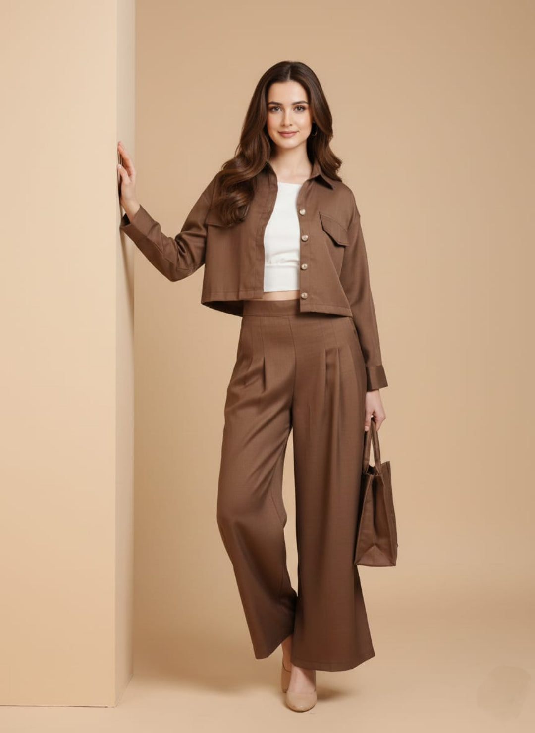 Women’s Dark Brown 3 Piece Co-Ord Set Crop Top, Shirt & Wide Leg Pants | Elegant Casual Outfit