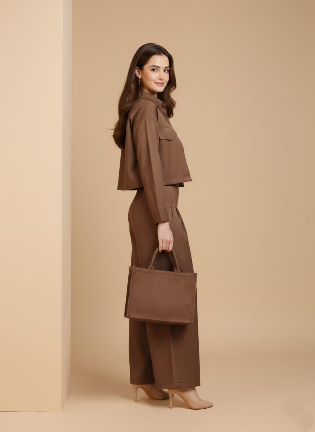 Women’s Dark Brown 3 Piece Co-Ord Set Crop Top, Shirt & Wide Leg Pants | Elegant Casual Outfit