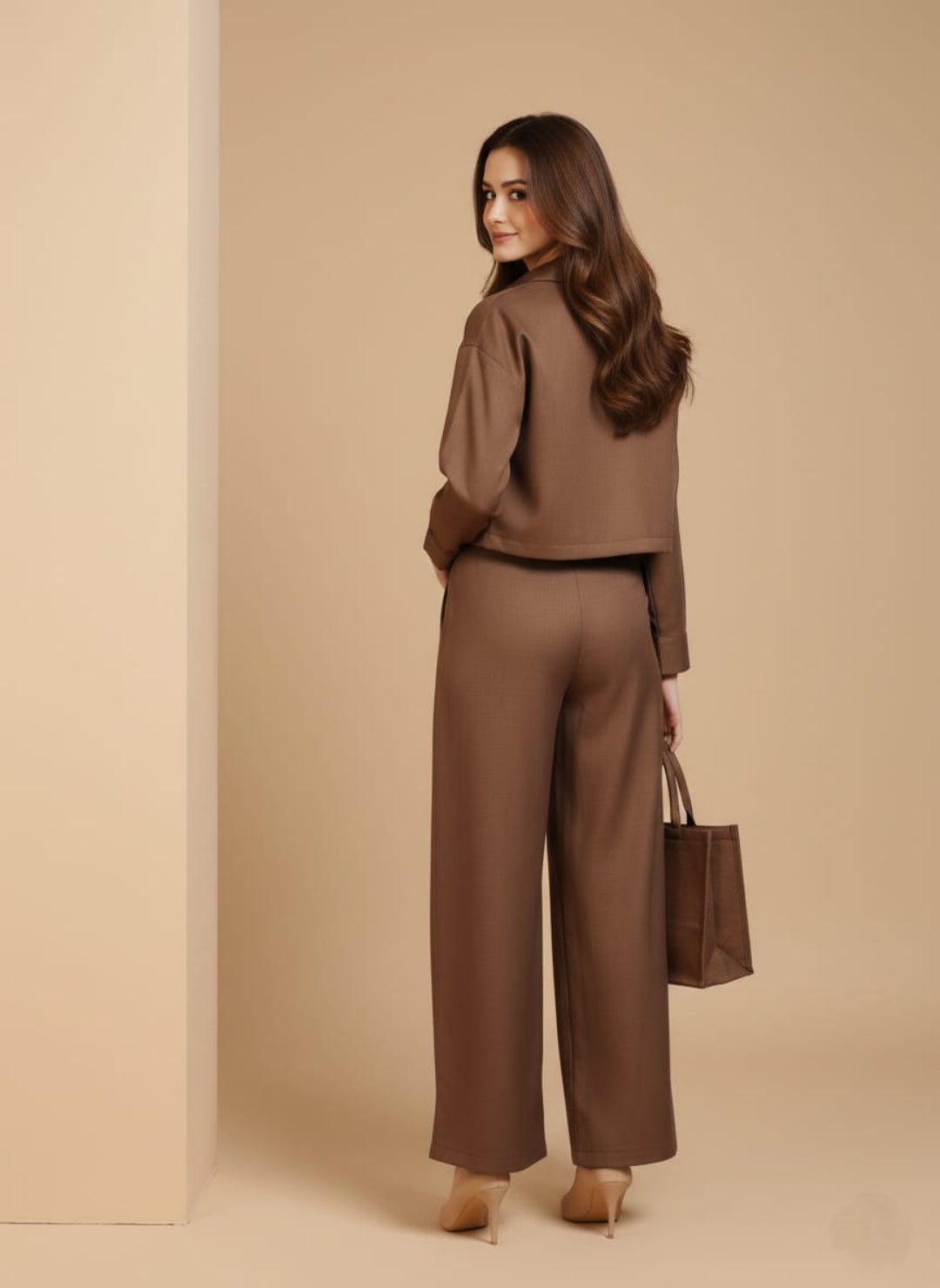 Women’s Dark Brown 3 Piece Co-Ord Set Crop Top, Shirt & Wide Leg Pants | Elegant Casual Outfit