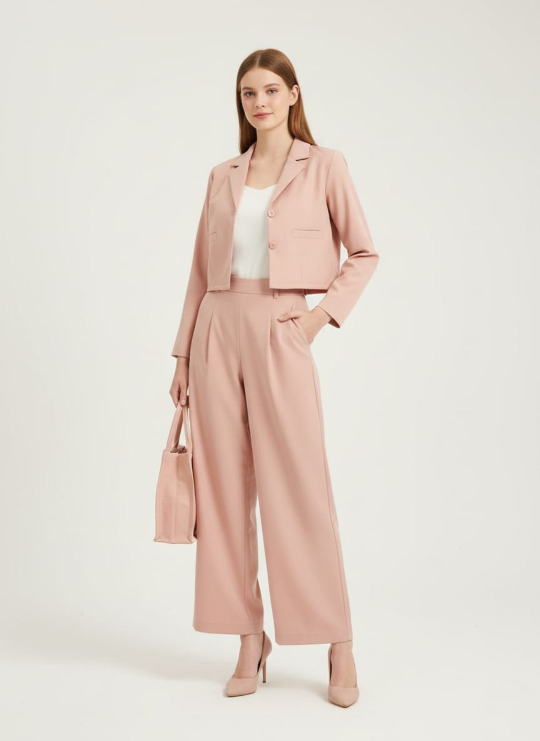 Women’s Soft Peach Pink 3 Piece Co-Ord Set Crop Top, Blazer & Wide Leg Pants | Elegant Formal Outfit