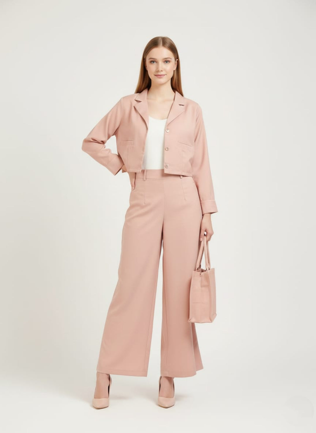 Women’s Soft Peach Pink 3 Piece Co-Ord Set Crop Top, Blazer & Wide Leg Pants | Elegant Formal Outfit