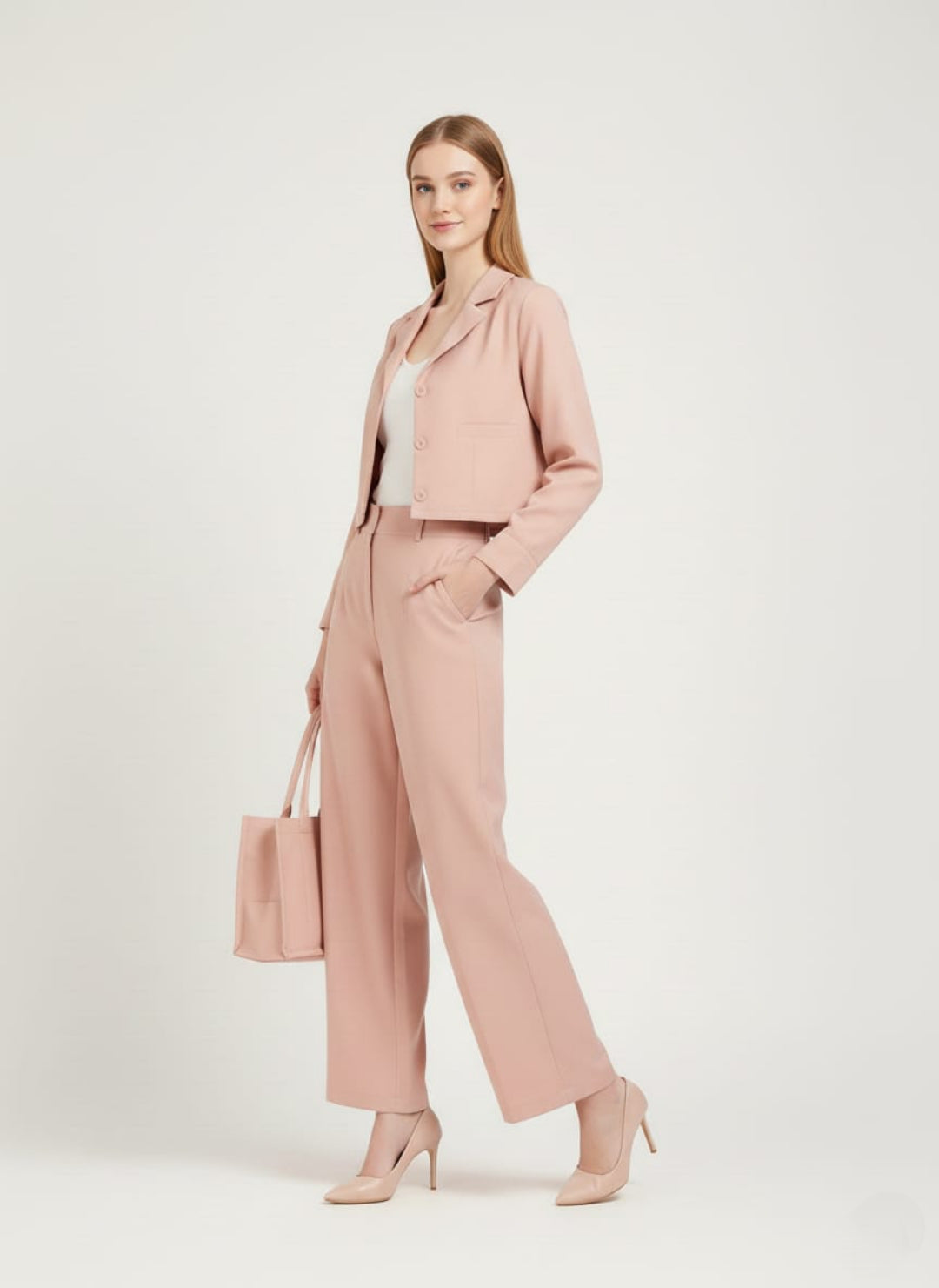 Women’s Soft Peach Pink 3 Piece Co-Ord Set Crop Top, Blazer & Wide Leg Pants | Elegant Formal Outfit