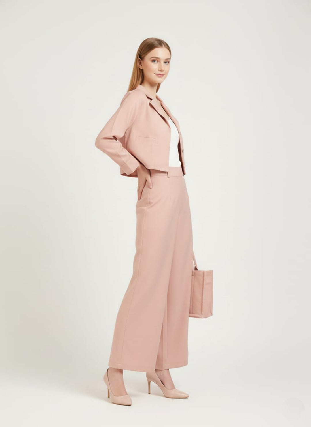 Women’s Soft Peach Pink 3 Piece Co-Ord Set Crop Top, Blazer & Wide Leg Pants | Elegant Formal Outfit