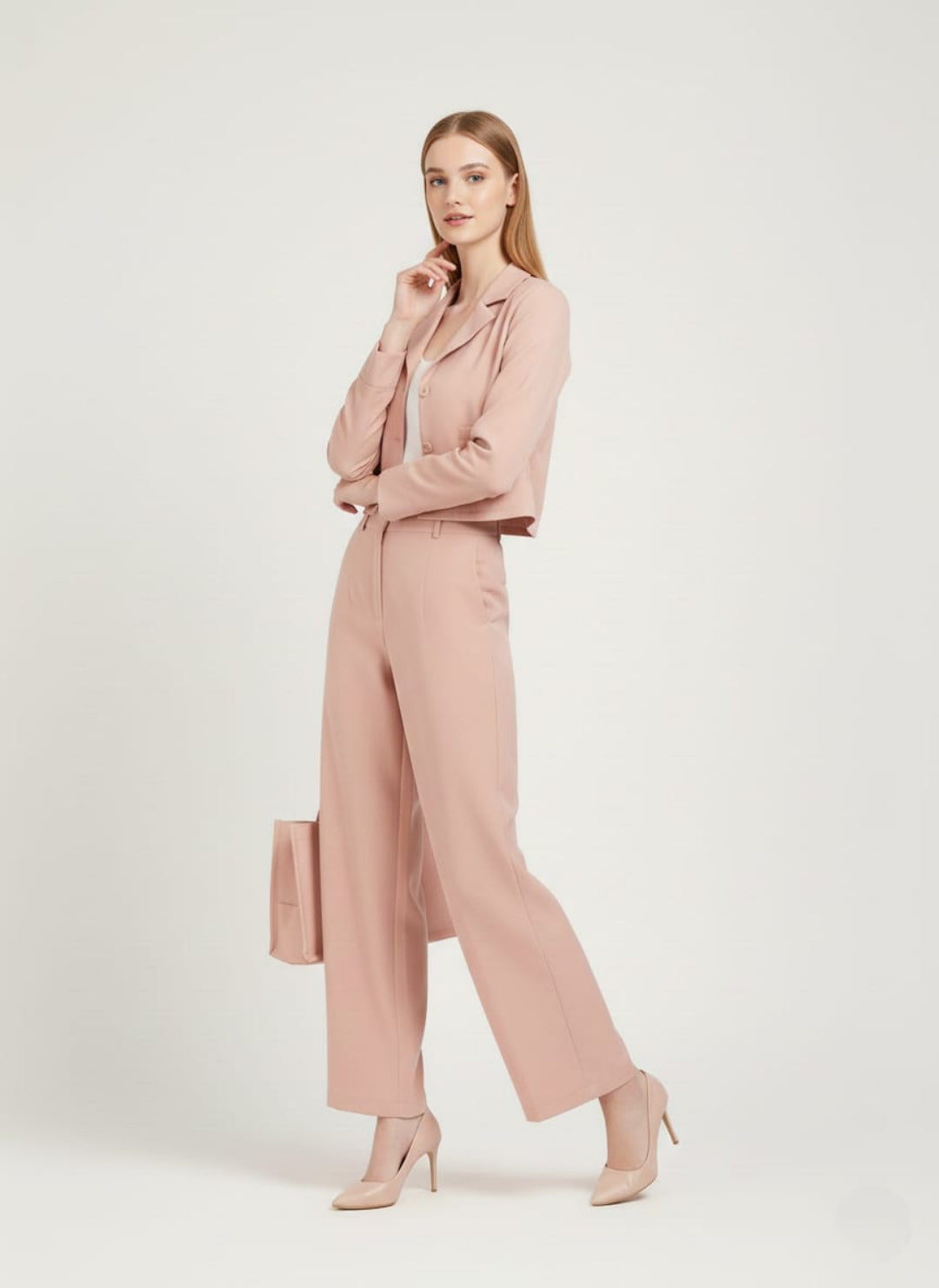 Women’s Soft Peach Pink 3 Piece Co-Ord Set Crop Top, Blazer & Wide Leg Pants | Elegant Formal Outfit