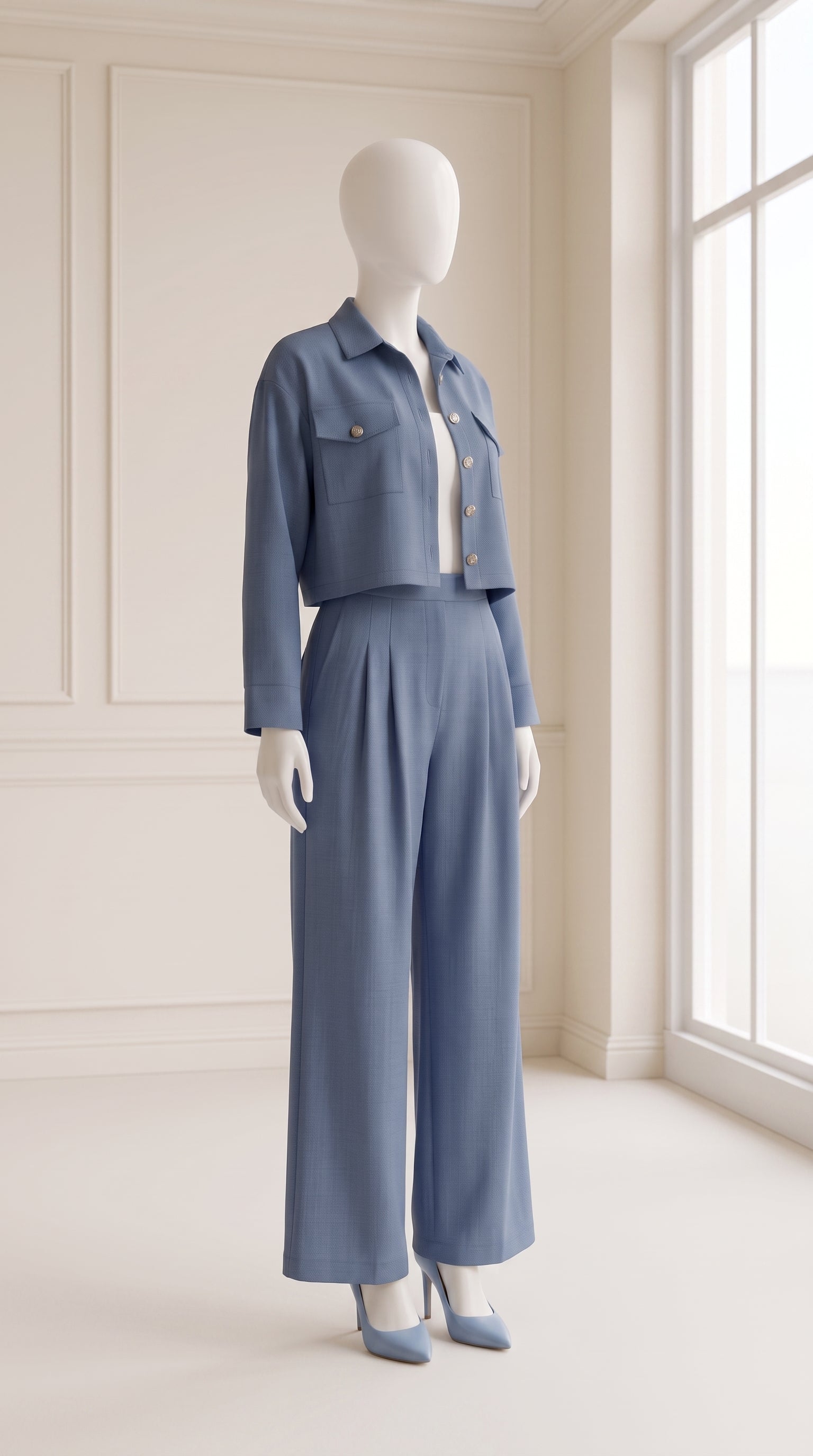 Blue 3 Piece Co-Ord Set Crop Top, Shirt & Wide Leg Pants | Elegant Casual Outfit
