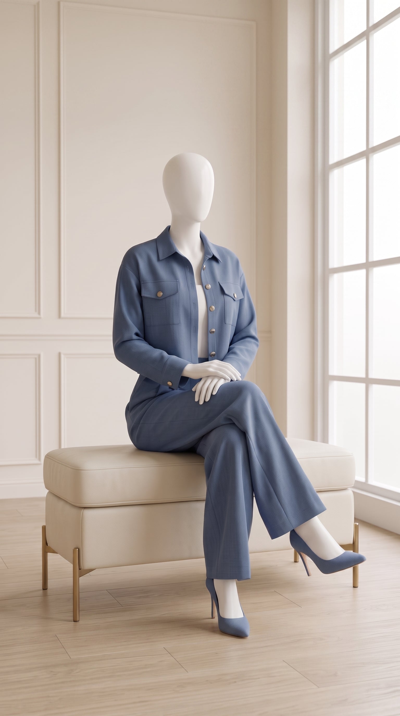 Blue 3 Piece Co-Ord Set Crop Top, Shirt & Wide Leg Pants | Elegant Casual Outfit