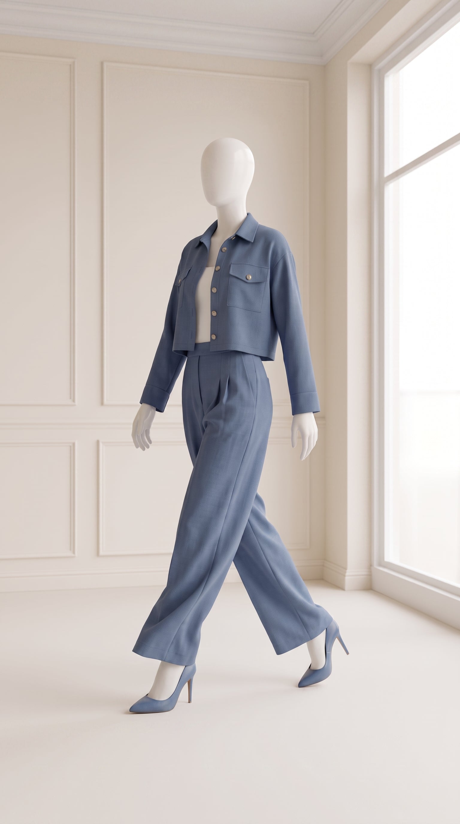 Blue 3 Piece Co-Ord Set Crop Top, Shirt & Wide Leg Pants | Elegant Casual Outfit
